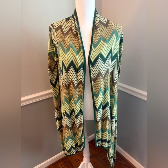 BCBGMaxAzria Green Chevron Asymmetrical Open Front Silk Cardigan – Size M - Picture 2 of 5